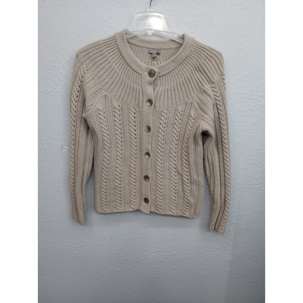 J Jill Sweater Womens Large Beige Cable Knit Button Up Cardigan Angora Fisherman